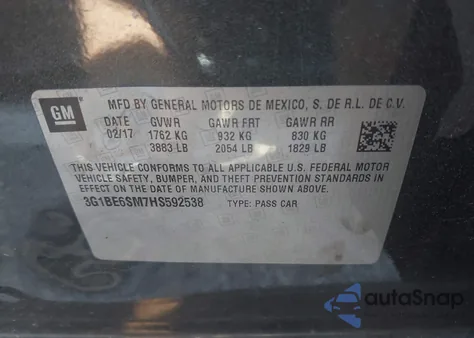 2017 Chevrolet Cruze Lt Auto from USA, damaged, VIN 3G1BE6SM7HS592538